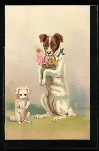 Präge-Lithographie Zwei Hunde als Gratulanten mit Geschenkkorb