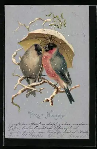 AK Vogelpaar mit Regenschirm
