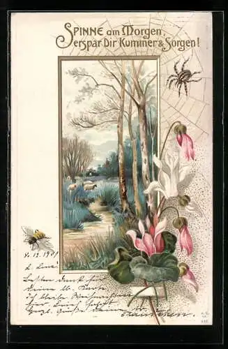 Passepartout-Lithographie Spinne am Morgen, erspare Dir Kummer und Sorgen, Spinne vor Flusslandschaft, Schafe, Biene