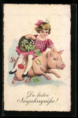 Lithographie Mädchen mit Glücksbringern auf einem Schwein, Neujahrsgruss