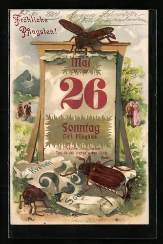 Lithographie Fröhliche Pfingsten!, Sonntag 26. Mai, Maikäfer und Kalender