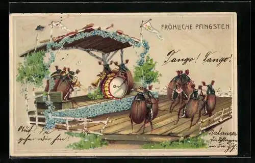 Präge-Lithographie Maikäfer beim Tanzfest mit Maikäferorchester, Pfingstgruss