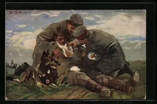 AK Der Sanitätshund im Felde, der vom Sanitätshund aufgestöberte Verwundete wird vom Führer des Hundes verbunden