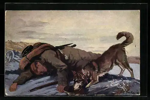 AK Der Sanitätshund im Felde, Auffinden eines Verwundeten