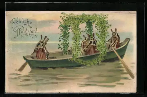 Lithographie Maikäfer in einem geschmückten Ruderboot, Pfingstgruss
