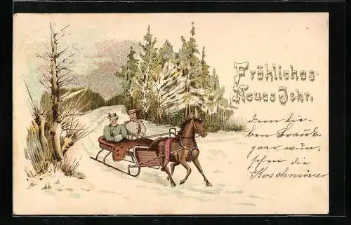 Lithographie Soldat mit Dame bei einer Schlittenfahrt, Neujahrsgruss