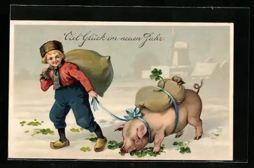 Präge-Lithographie Kleiner Junge in Holzschuhen mit Schwein und Geldsäcken, Neujahrsgruss