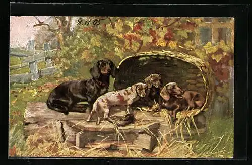 AK Dackelfamilie in einem herbstlichen Garten