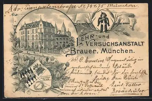 Lithographie München, Lehr- und Versuchsanstalt für Brauer, Stadtwappen, Münchner Kindl