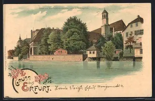 Lithographie Erfurt, Blick von der Schlössermühle nach d. Predigerhof