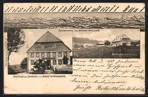 AK Schollach, Gasthaus zur Schnecke, Alpenpanorama mit Eiger, Mönch und Jungfrau, Ortspartie