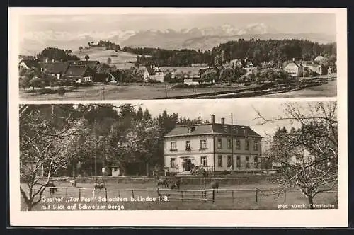 AK Schlachters b. Lindau, Gasthof Zur Post mit Blick auf Schweizer Berge