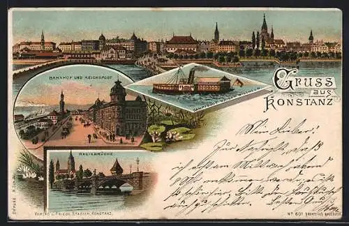 Lithographie Konstanz, Bahnhof, Reichspost, Dampfboot Kaiser Wilhelm, Rheinbrücke