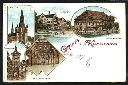 Lithographie Konstanz / Bodensee, Inselhotel, Conciliumgebäude, Schnetzthor, Münster
