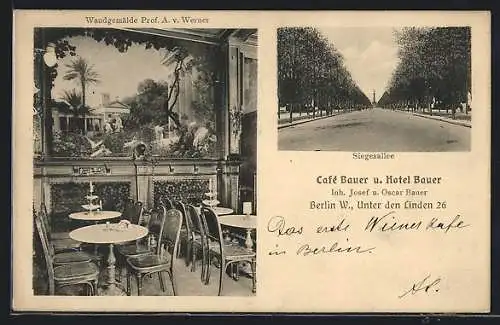 AK Berlin, Das Café und Hotel Bauer, Innenansicht mit Wandgemälde, Unter den Linden 26, Siegesallee