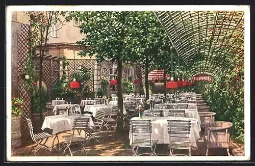 Künstler-AK Frankfurt, Park-Hotel Kaiserhof, Hotelgarten