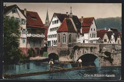 AK Calw, Alte Flussbrücke mit Nikolaus-Kapelle, langes Holzfloss