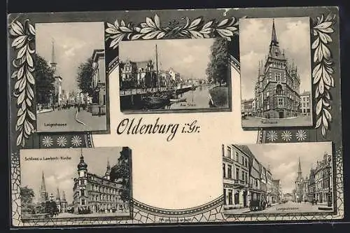 AK Oldenburg i. Gr., Langestrassse, Rathaus, am Stau, Schloss und Lamberti-Kirche