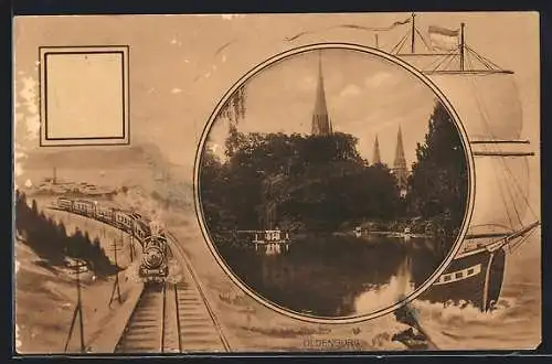 AK Oldenburg / Oldenburg, Uferpartie mit Blick zur Kirche, Passepartout mit Eisenbahn und Segelschiff