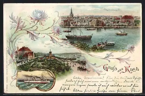 Lithographie Kiel, Dampfer Schloss & Seegarten, Gesamtansicht