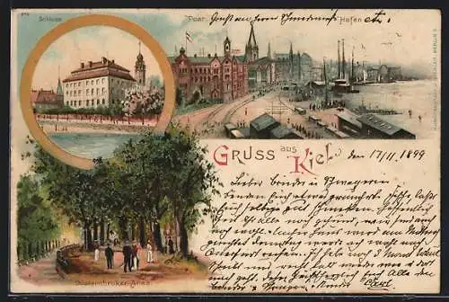 Lithographie Kiel, Hafenpanorama mit Post, Düsternbroker Allee