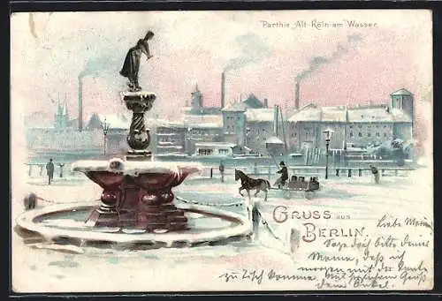 Winter-Lithographie Alt-Berlin, Strassenpartie Alt-Köln am Wasser mit Brunnen