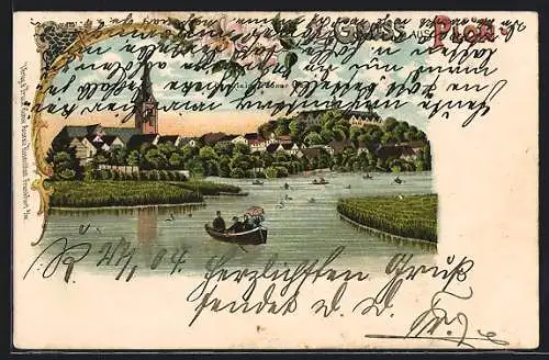 Lithographie Plön, KleinerPlöner See mit Kirche