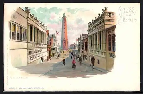 Lithographie Borkum, Strandstrasse mit Strandhotel