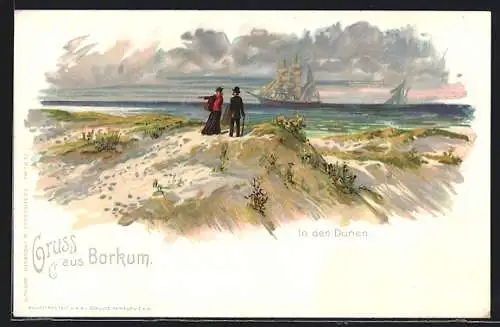 Lithographie Borkum, Ein Ehepaar in den Dünen