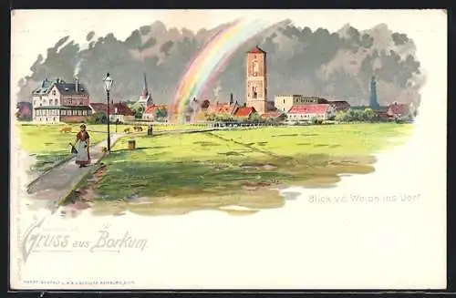 Lithographie Borkum, Blick von der Weide ins Dorf, mit Regenbogen