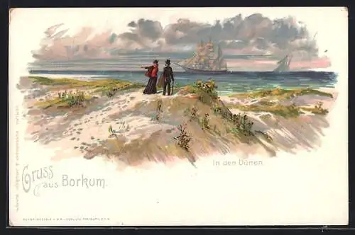 Lithographie Borkum, Ehepaar in den Dünen