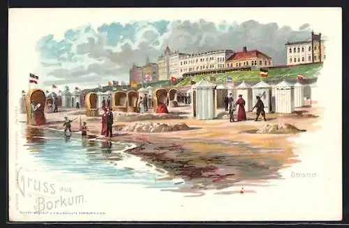 Lithographie Borkum, Ortsansicht mit Strandpartie
