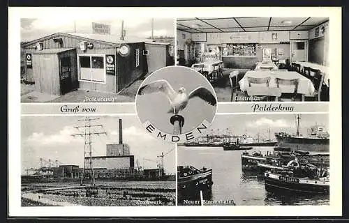 AK Emden / Ostfriesland, Gaststätte Polderkrug, Gastraum, Kraftwerk, Neuer Binnenhafen mit Schiff Preussen
