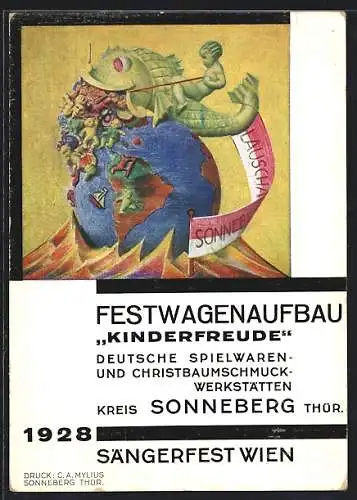 Künstler-AK Sonneberg /Thür., Festwagenaufbau Kindefreude der Spielwaren-Werkstätten für das Wiener Sängerfest 1928