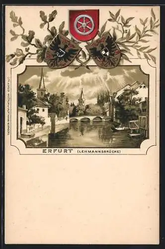 Passepartout-Lithographie Erfurt, Lehmannsbrücke mit Wappen