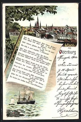 Lithographie Oldenburg / Oldenburg, Teilansicht mit Kirche, Segelschiff