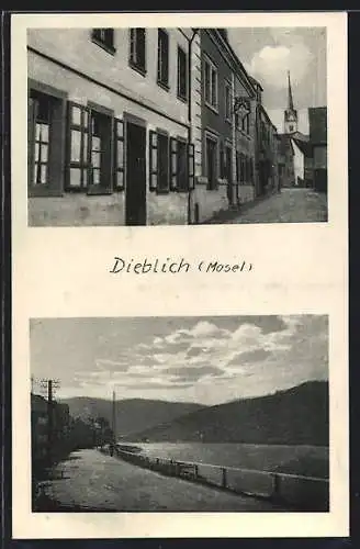 AK Dieblich /Mosel, Strassenpartie mit Gasthaus, Uferpartie