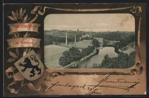 AK Mittweida, Teilansicht mit Zschopau, Wappen, Passepartout