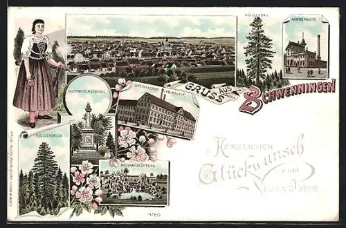 Lithographie Schwenningen / Neckar, Bärenbrauerei, Uhrenfabrik Fr. Mauthe, Kaiser Wilhelm Denkmal, Hölzekönigin