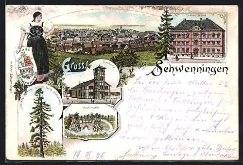 Lithographie Schwenningen / Neckar, Turnhalle, Knaben-Schule, Neckar-Quelle