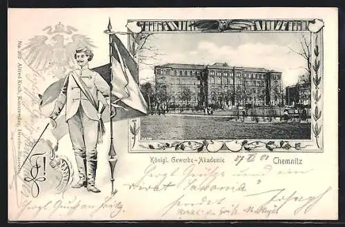 AK Chemnitz, Königl. Gewerbe-Akademie, Student mit Degen, Zirkelzeichen