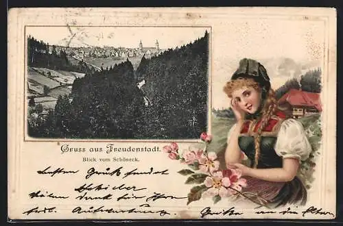 Passepartout-Lithographie Freudenstadt, Blick vom Schöneck auf den Ort, Frau in Tracht