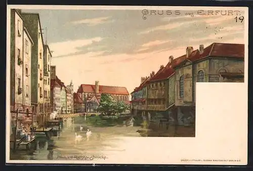 Lithographie Erfurt, Blick v. d. Rathausbrücke auf die kleine Synagoge, beleuchtete Fenster
