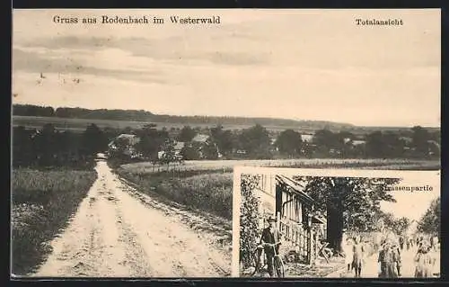 AK Rodenbach im Westerwald, Totalansicht mit Feldweg, Strassenpartie