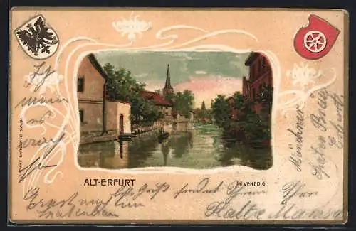 Passepartout-Lithographie Erfurt, Venedig in Alt-Erfurt, Wappen