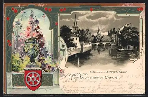 Passepartout-Lithographie Erfurt, Blick nach der Lehmanns Brücke, Blumenvase