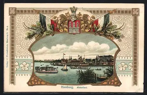 Passepartout-Lithographie Hamburg-Neustadt, Dampfer am Gasthaus Alsterlust, Stadt-Wappen