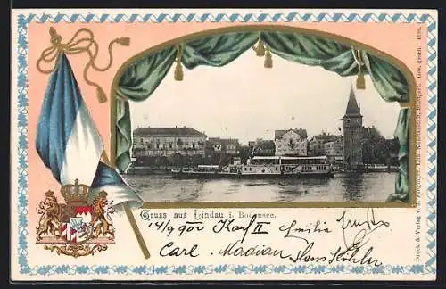 Passepartout-Lithographie Lindau i. Bodensee, Uferpartie mit Dampfer, Fahne und Wappen