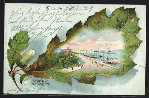 Passepartout-Lithographie Kiel, Kriegshafen mit Seegarten, Eichenblatt mit Eicheln