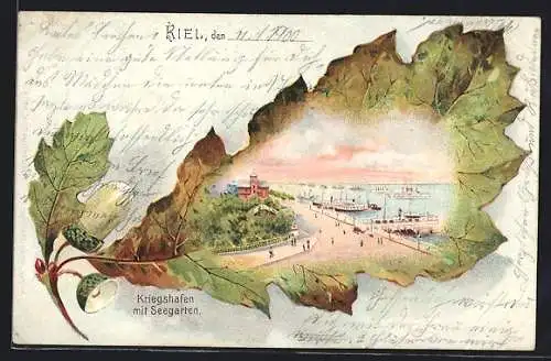 Passepartout-Lithographie Kiel, Kriegshafen mit Seegarten, Eichenblatt mit Eicheln